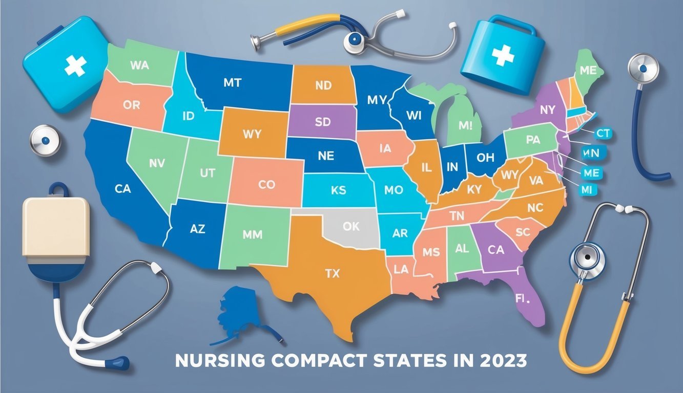 Map of US states, color-coded for nursing compact status, with stethoscopes
