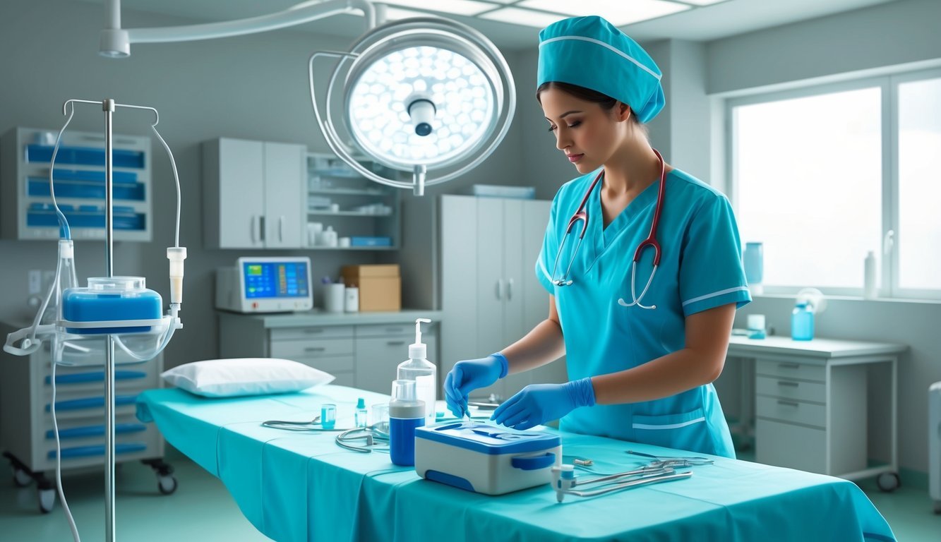 Surgeon in scrubs preparing surgical tools on a sterile operating table