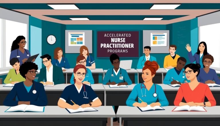 Illustration of a classroom with students in scrubs, studying nurse practitioner programs