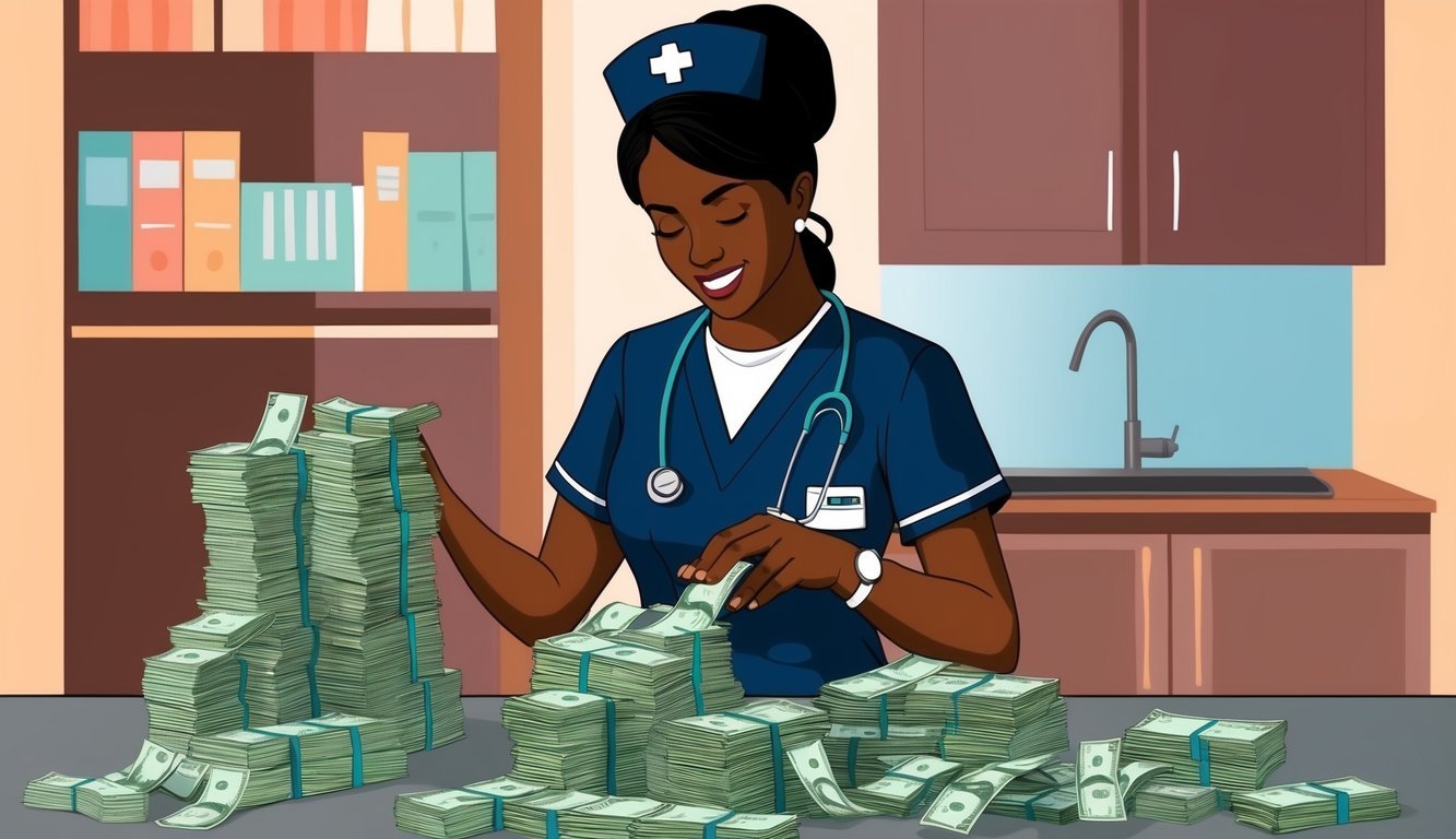 Nurse counting stacks of money on a table in a room