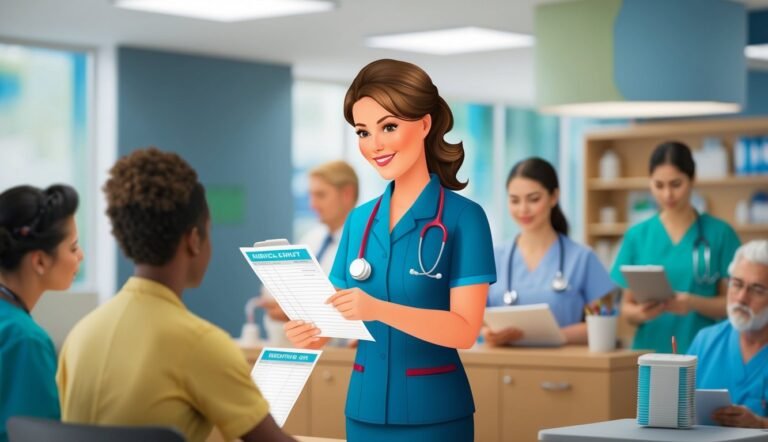 Nurse in blue scrubs holding medical chart, smiling at patient