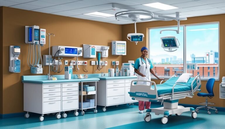 Hospital room with a nurse, bed, and medical equipment