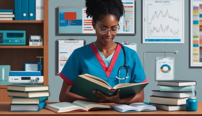 Black female doctor in scrubs reading a book in a medical office