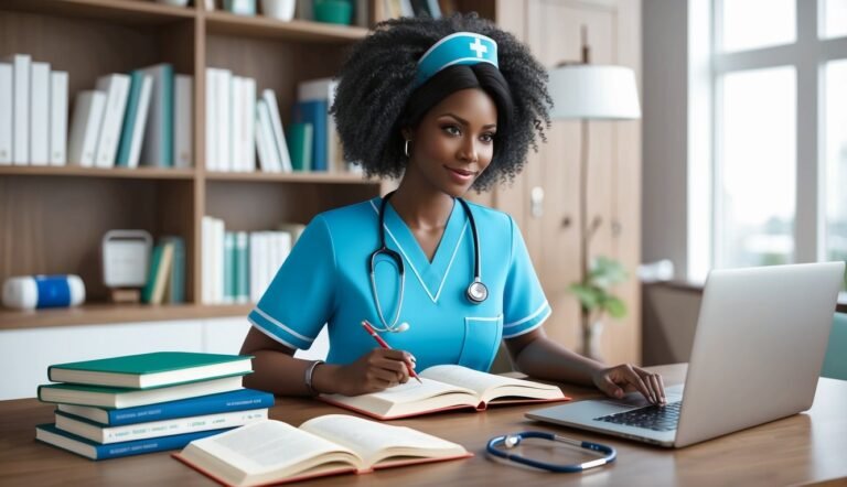 Black nurse in scrubs working on a laptop and writing in a book