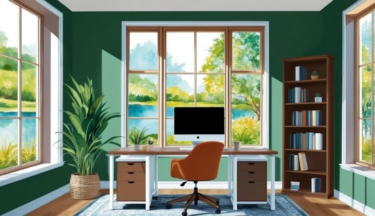 Cozy home office with desk, computer, and a large window view