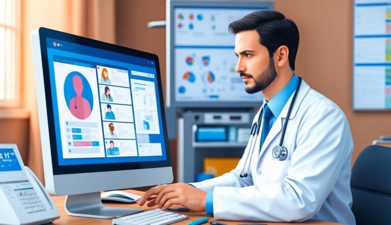 Doctor in white coat looking at computer screen with patient data