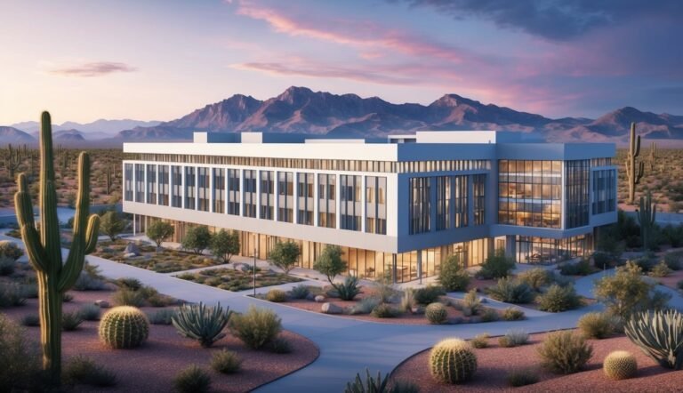 Modern office building in desert landscape with mountains and cacti