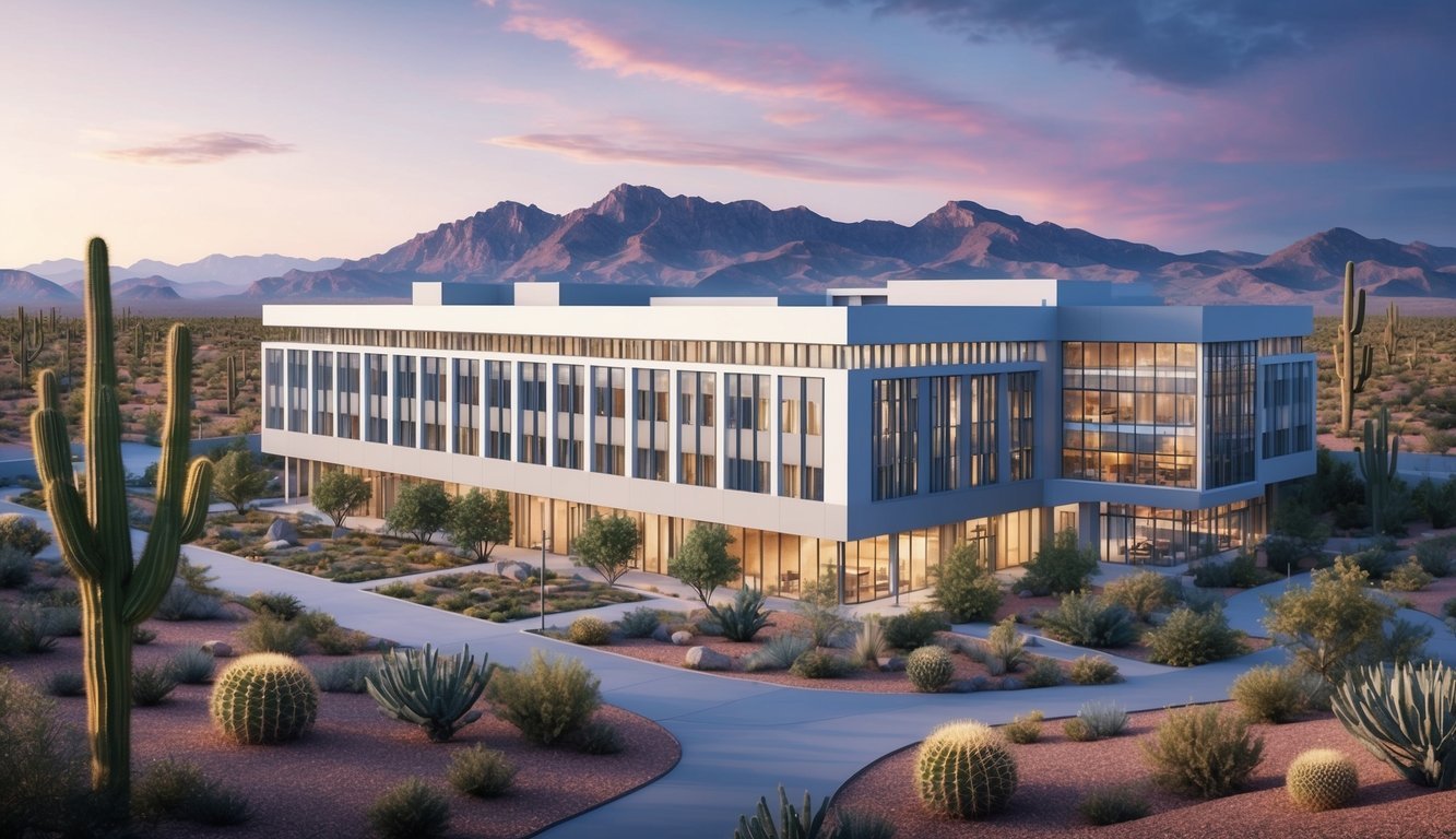 Modern office building in desert landscape with mountains and cacti