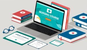 Laptop with nursing course, books, certificates, and glasses on a table