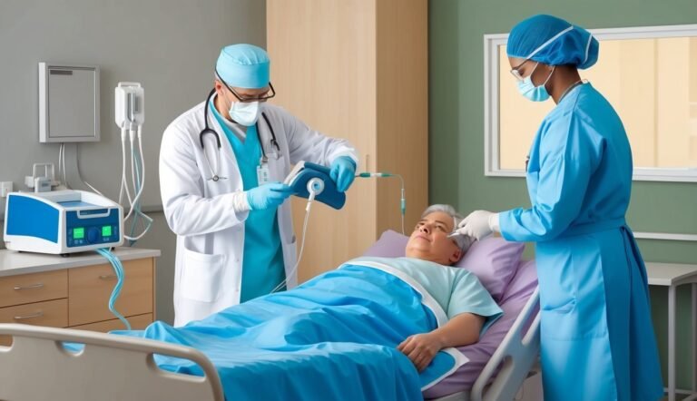 Doctors and patient in hospital room, medical procedure in progress