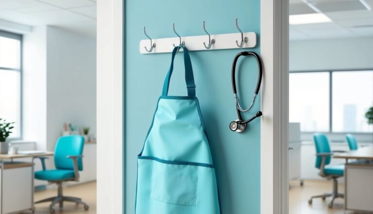 Apron and stethoscope hanging on a blue wall in a doctor's office