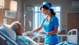 Nurse in blue scrubs tending to an elderly patient in a hospital bed