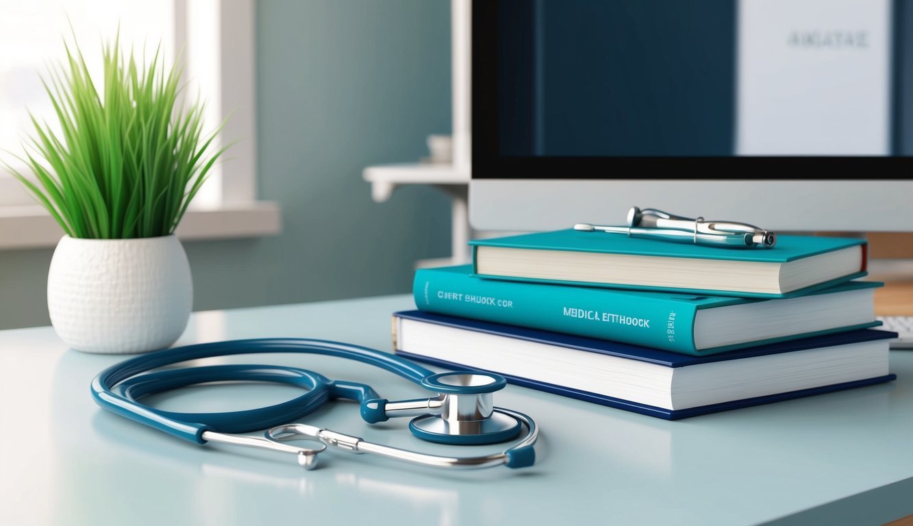 A stethoscope, medical textbooks, and a computer on a desk in a clinic setting