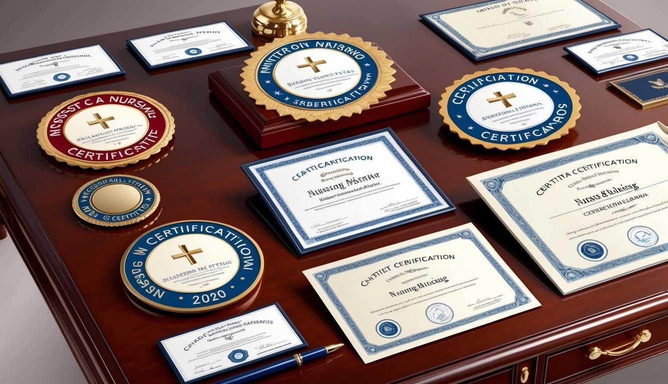 Certificates and medallions with cross symbols on a wooden desk