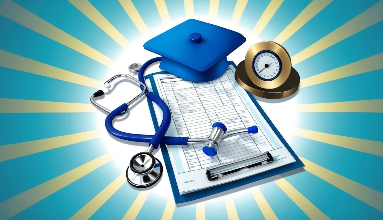 A stethoscope, medical chart, and nursing cap surrounded by rays of light, symbolizing the benefits and outcomes of nursing certifications