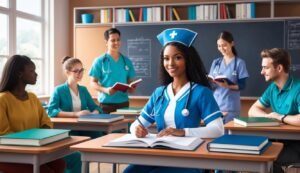 Nursing students in a classroom, one writing in a book, smiling at camera