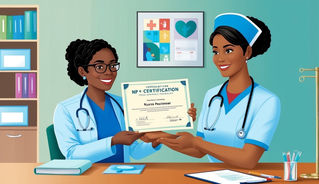 A nurse practitioner conducting clinical training, receiving certification after completing NP school following a BSN