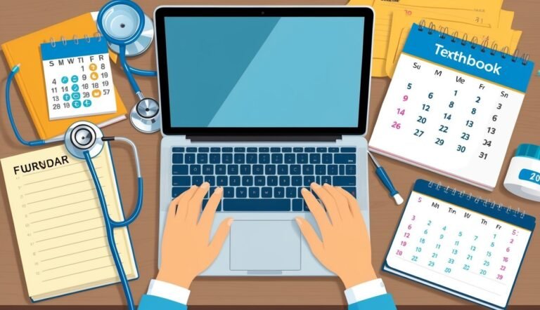 Laptop with calendars, stethoscope, and hands typing on the keyboard