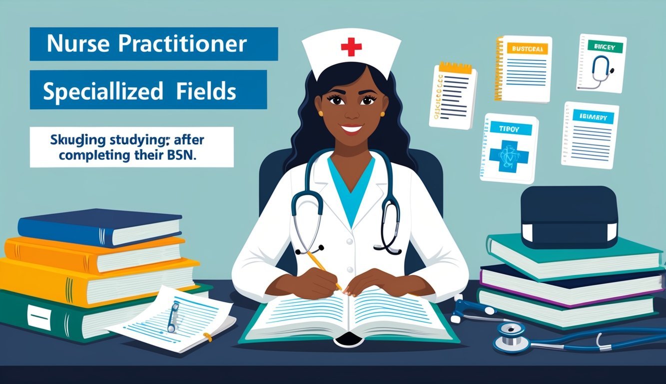 A nurse practitioner studying for specialized fields after completing their BSN, surrounded by medical textbooks and notes, with a stethoscope and medical equipment nearby