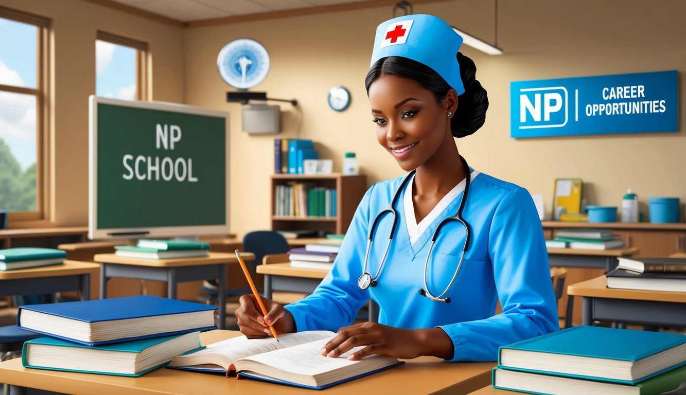 A nurse with a BSN degree studying in a classroom, surrounded by textbooks and medical equipment, with a sign indicating "NP School" and "Career Opportunities" on the wall