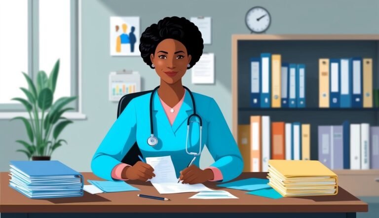 Black female doctor in office writing at desk with stethoscope