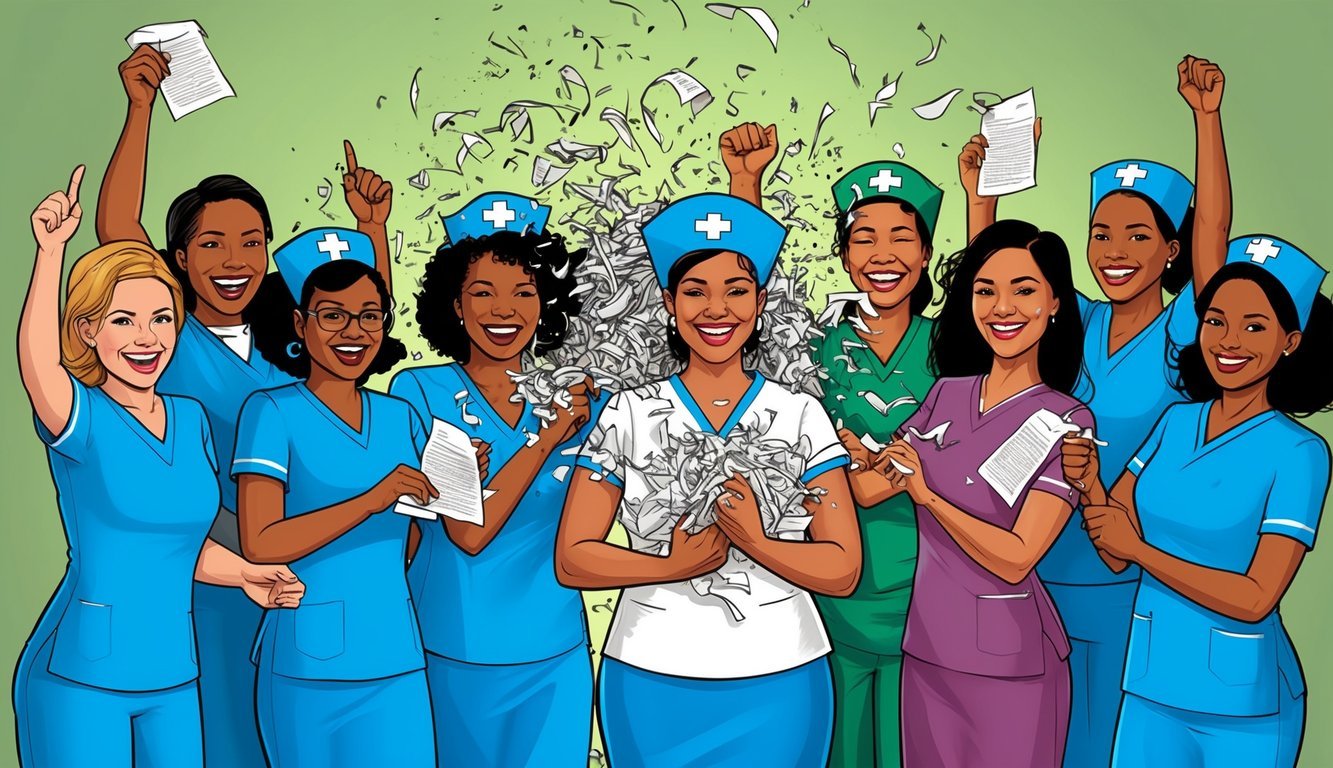 A group of nurses celebrating as their student loan papers are shredded