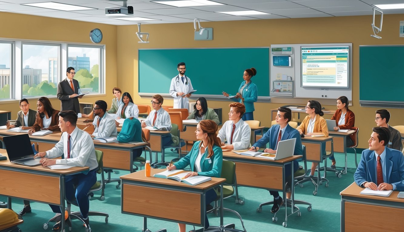 A busy hospital classroom with students and instructors engaged in lectures and discussions