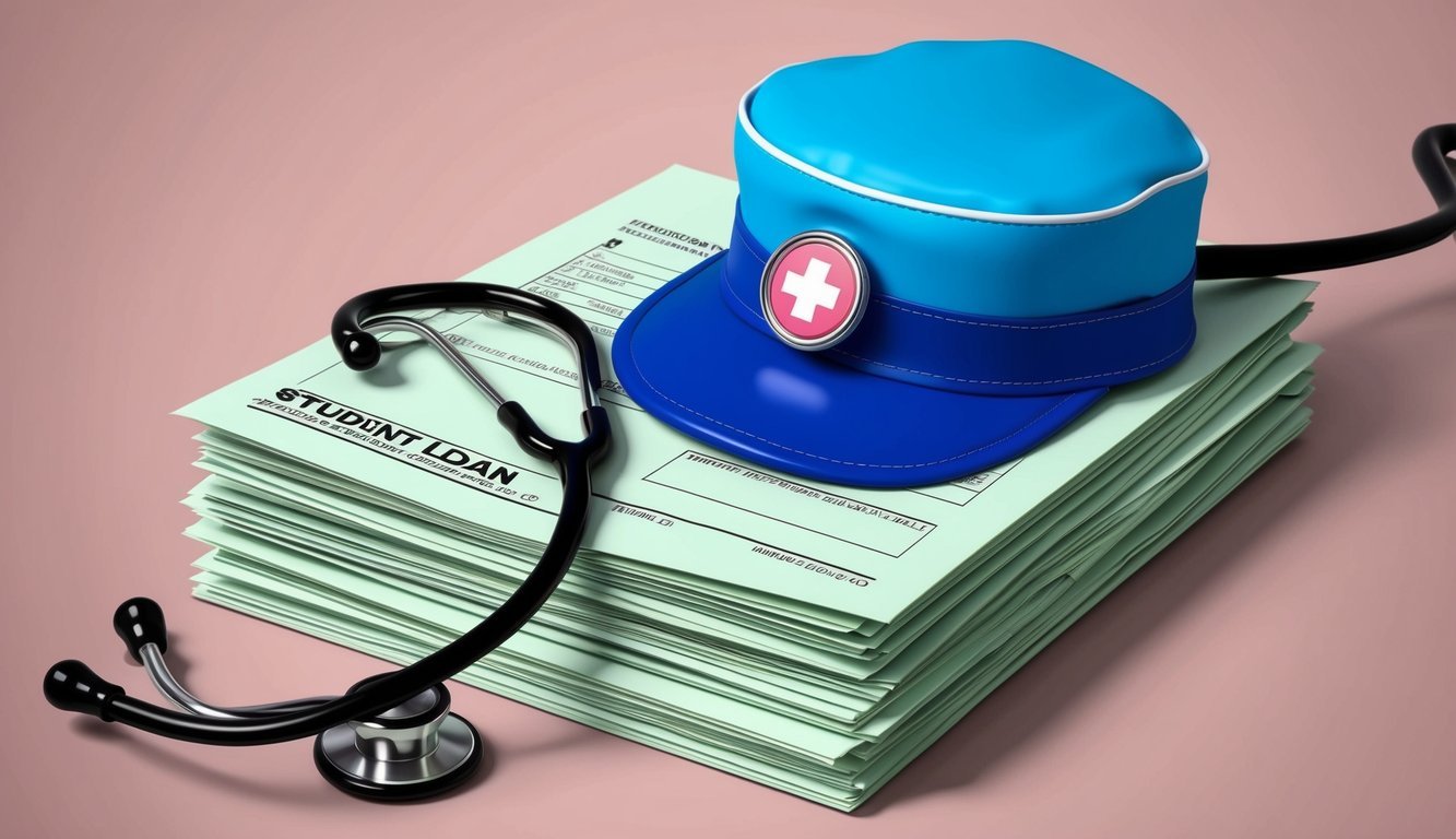 A nurse's cap and stethoscope placed on a stack of unpaid student loan bills
