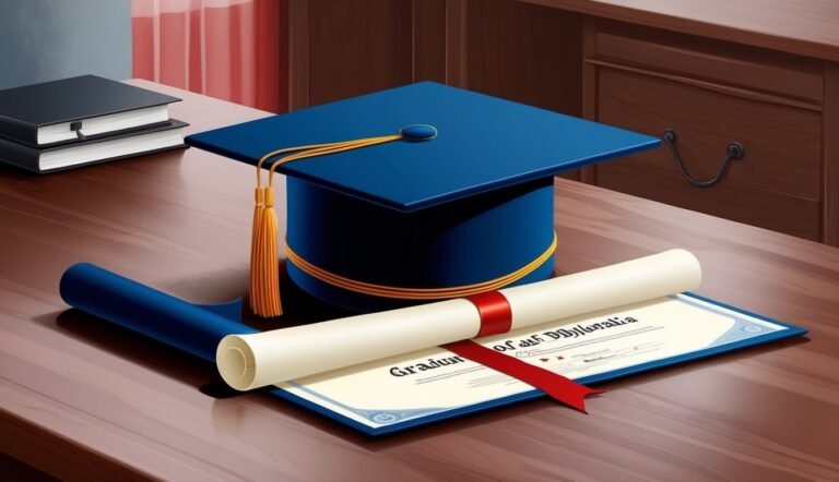 Graduation cap, diploma, and books on a wooden desk, celebrating achievement