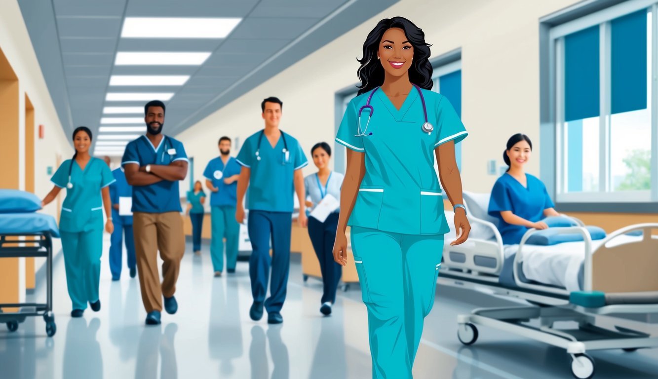 A nurse in scrubs walks confidently through a hospital hallway, passing by busy staff and patients, symbolizing the career impact of an accelerated BSN program