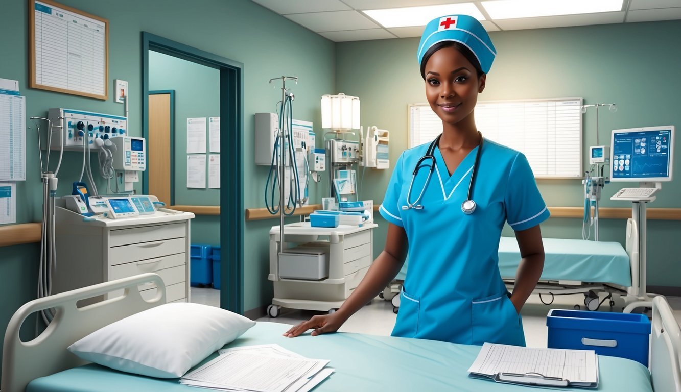 A nurse in scrubs stands at a hospital bedside, surrounded by medical equipment and charts.</p><p>The room is well-lit and orderly, with a sense of focused activity