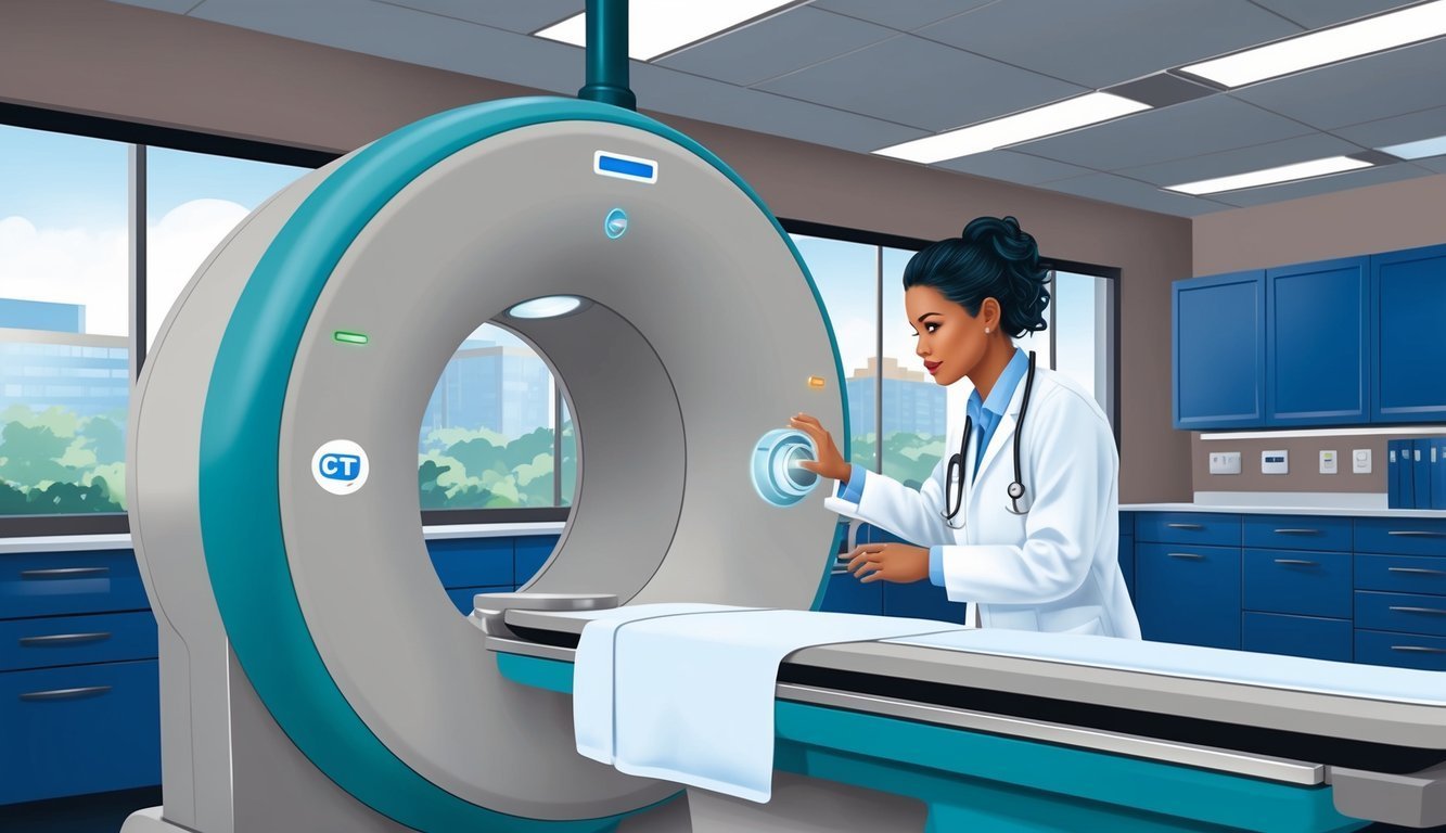 A doctor operates a CT scanner in a medical examination room