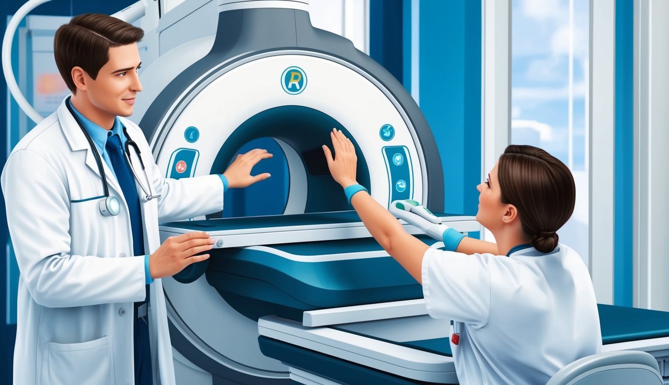 A radiology tech operating a CT scanner in a hospital radiology department