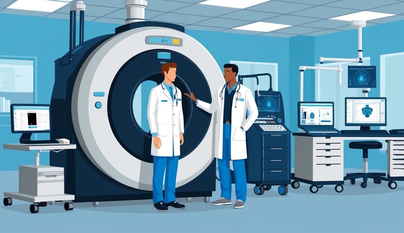 A radiology tech in a lab coat stands beside a large x-ray machine, with various medical equipment and computers in the background