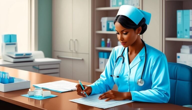 Nurse in blue scrubs and cap writing at a desk in a medical office