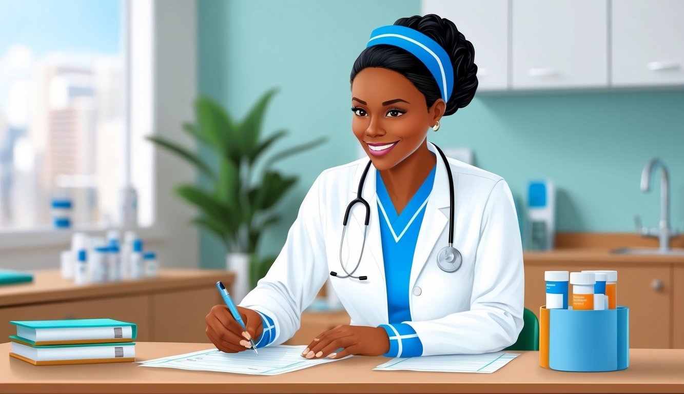 A nurse practitioner confidently writing out a prescription for medication, sitting at a desk in a clinical setting