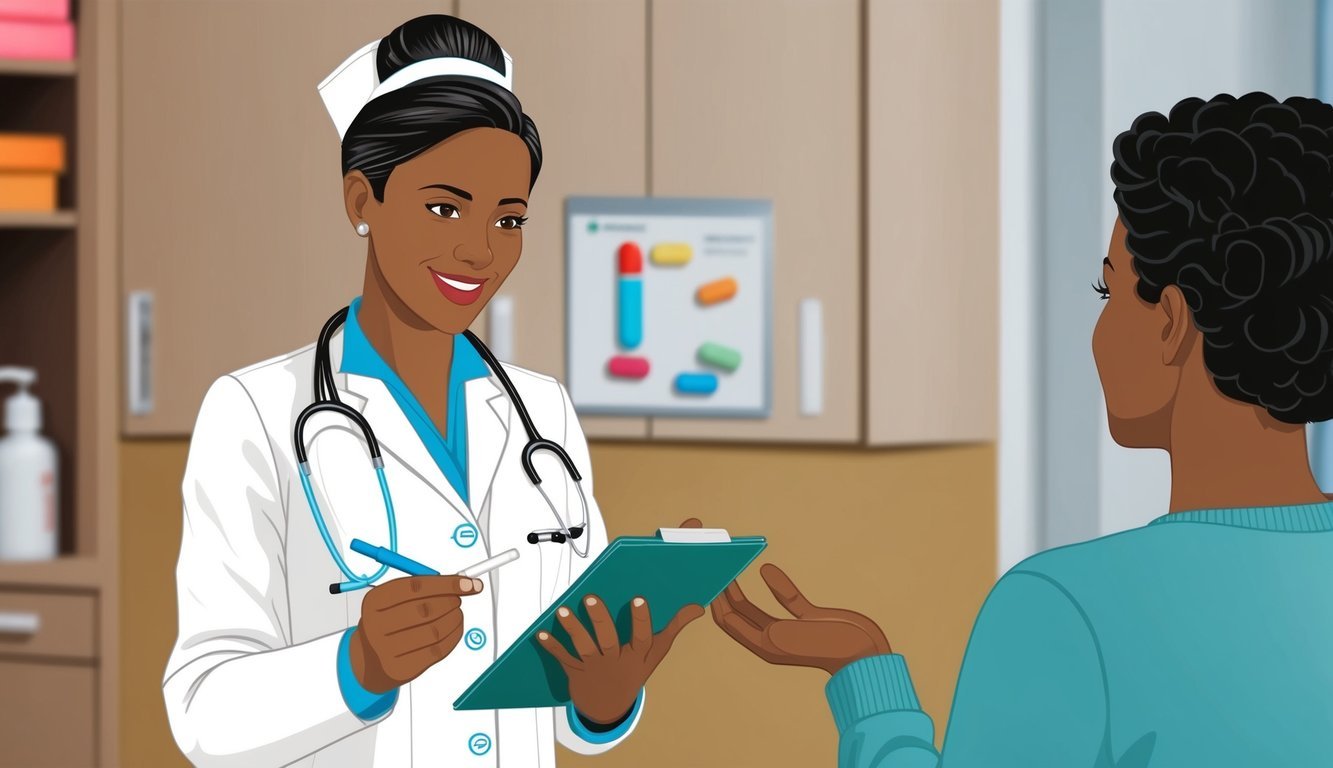 A nurse practitioner holding a prescription pad and discussing medication with a patient