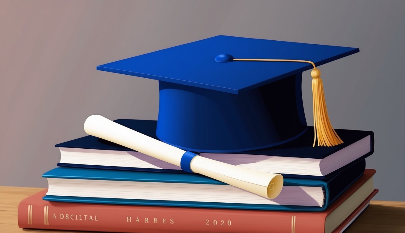 Graduation cap, diploma, and books stacked on a wooden surface