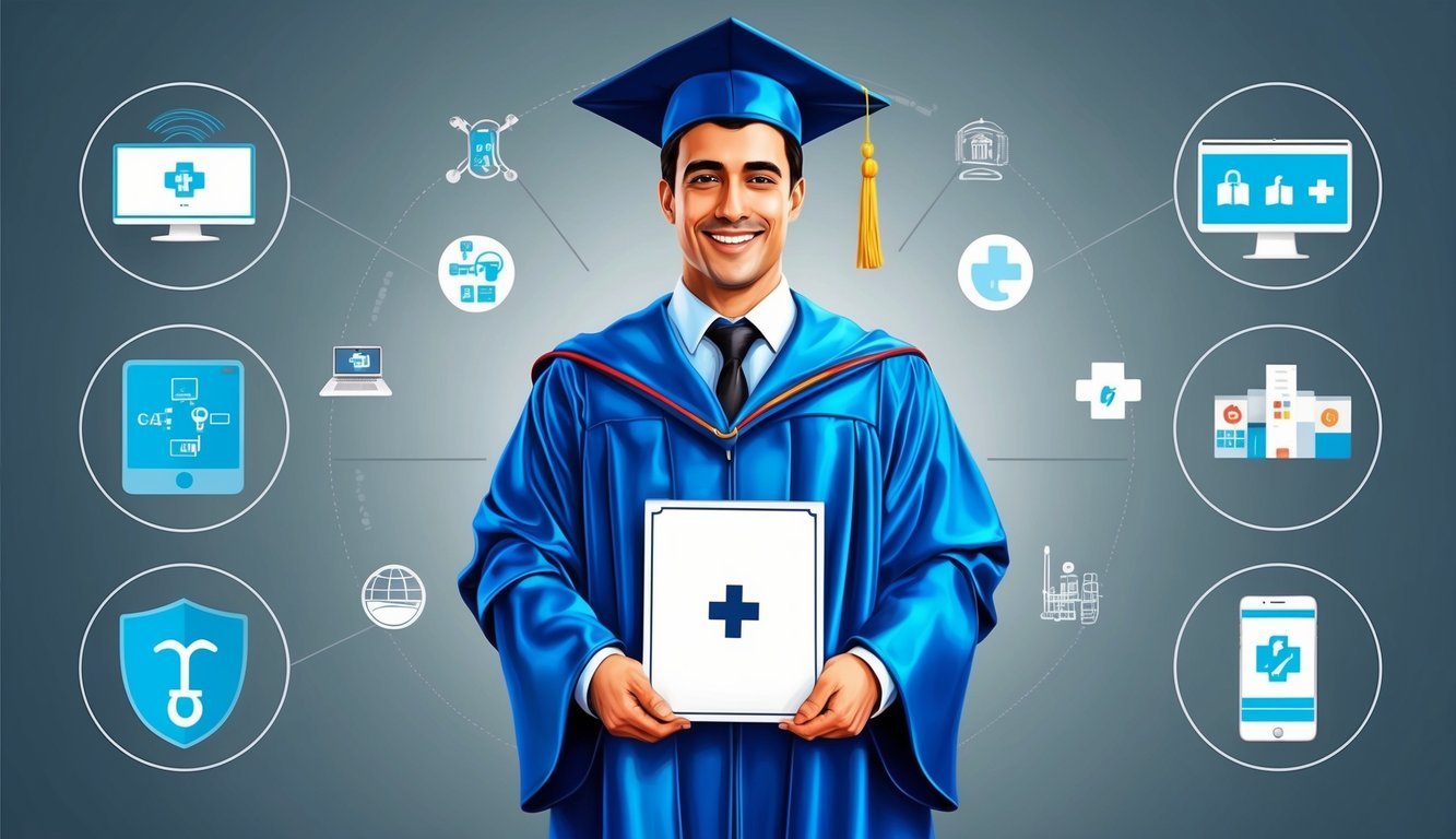 A graduate in a cap and gown holding a diploma, surrounded by symbols of technology, healthcare, and education
