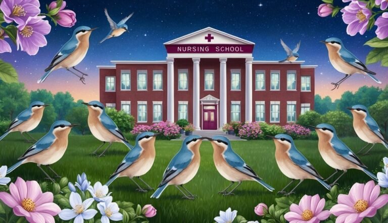 Birds in front of a nursing school building with flowers and a starry sky