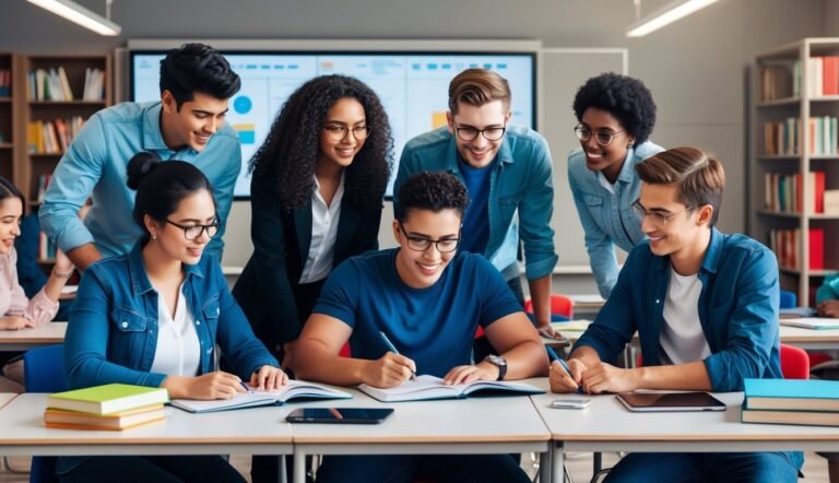 Diverse group of students collaborating around a table in a classroom