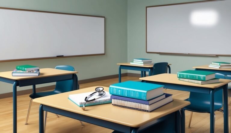 Classroom with desks, books, and a stethoscope, indicating medical education