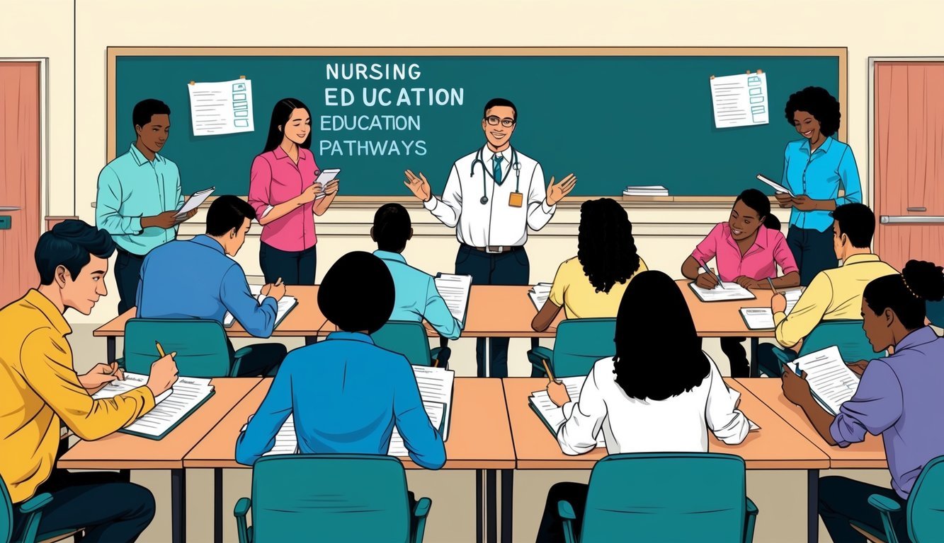 A classroom setting with a teacher at the front, surrounded by students taking notes and engaging in discussion about nursing education pathways