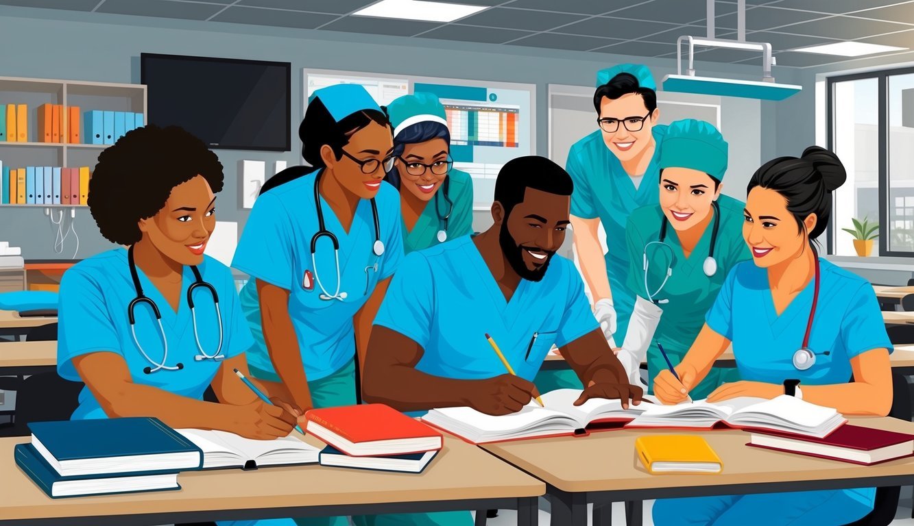 A group of students in nursing scrubs studying together in a modern classroom filled with medical equipment and textbooks