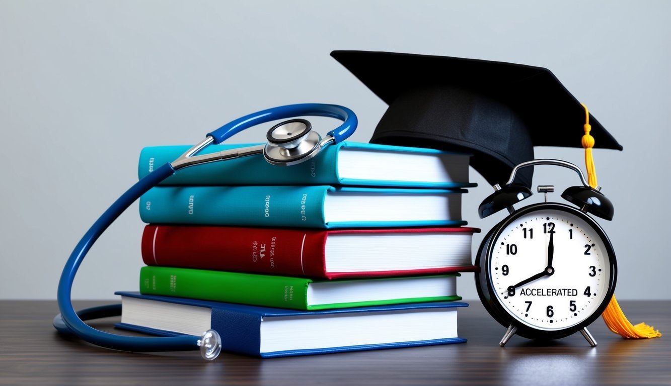 A stethoscope draped over a stack of textbooks, a graduation cap, and a clock showing an accelerated timeline