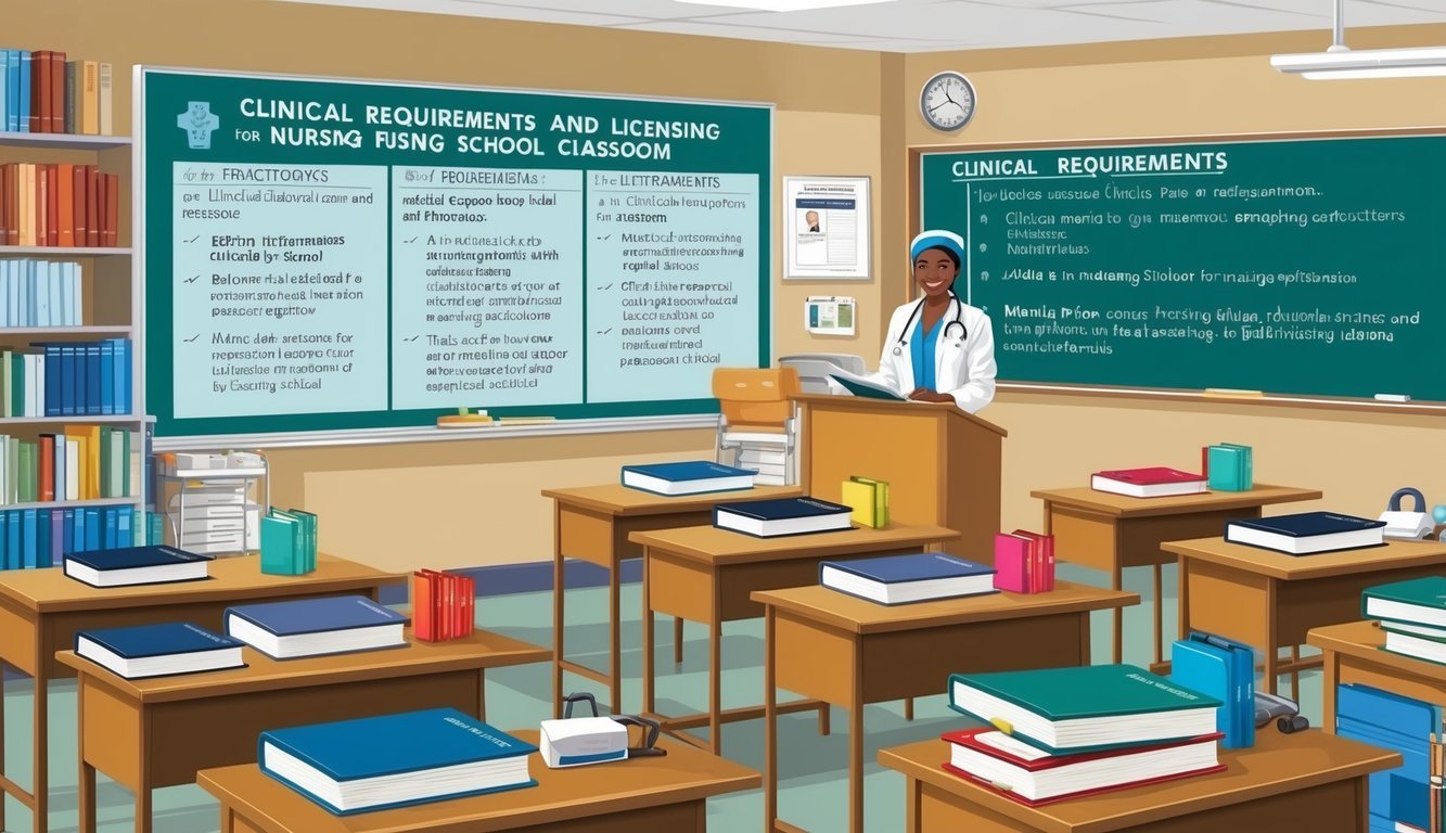 A classroom with textbooks, medical equipment, and a whiteboard detailing clinical requirements and licensing for nursing school