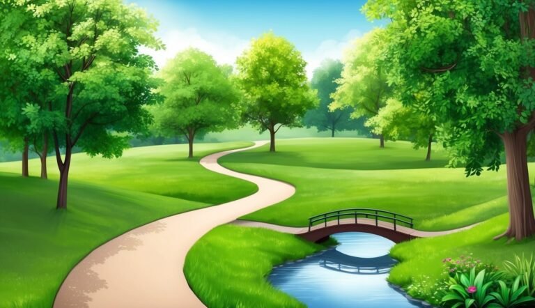 Scenic park with winding path, bridge over stream, and lush green trees