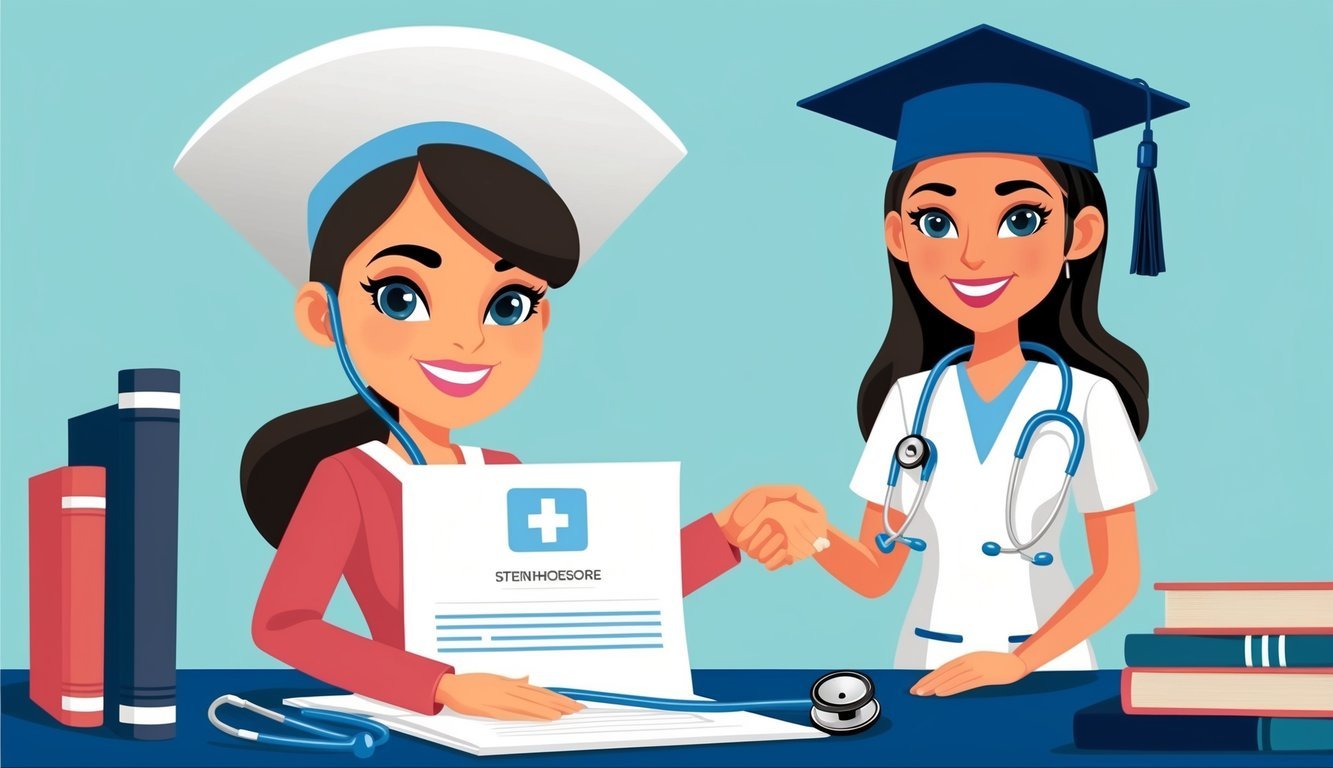 A nurse in a graduation cap standing next to a diploma, with a stethoscope and medical books on a desk