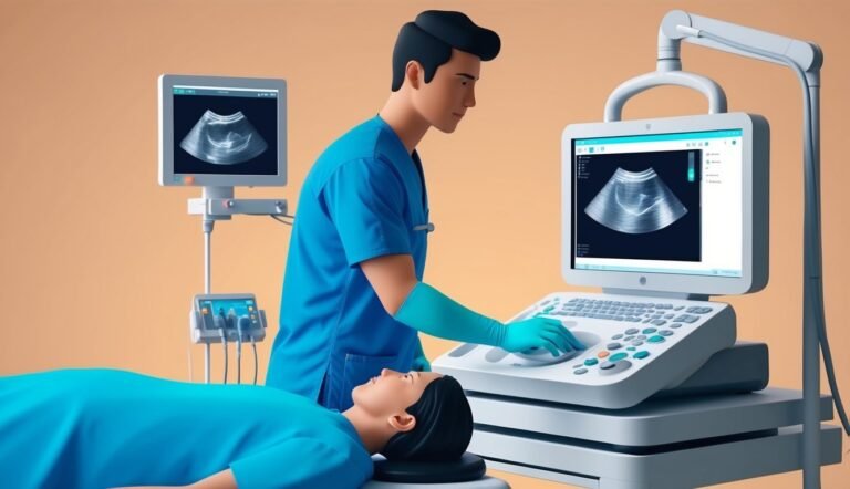 Doctor performing an ultrasound scan on a patient, with monitors displaying images