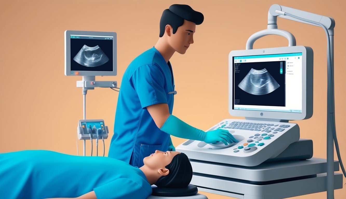 Doctor performing an ultrasound scan on a patient, with monitors displaying images